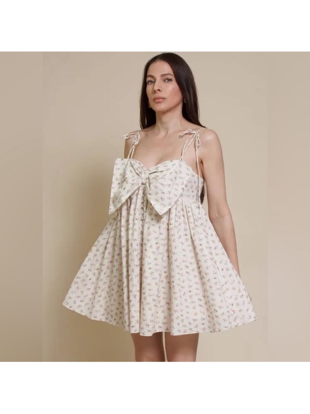 Storia Ivory Floral Tie-Shoulder Mini Dress with Front Bow